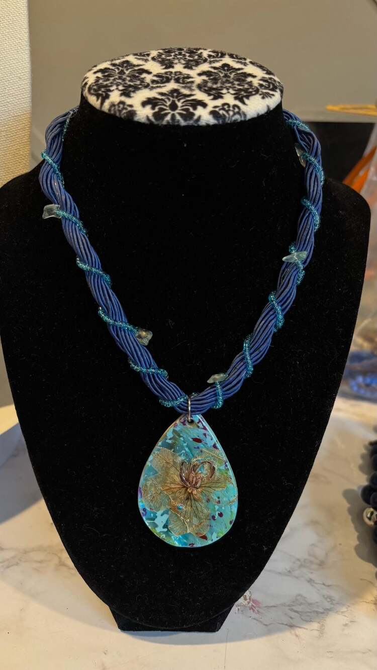 Artisan Multi-Strand Beaded Pressed Flower Resin Teardrop Pendant Necklace